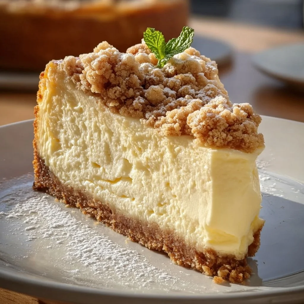 Käsekuchen mit Streusel auf einem Teller serviert