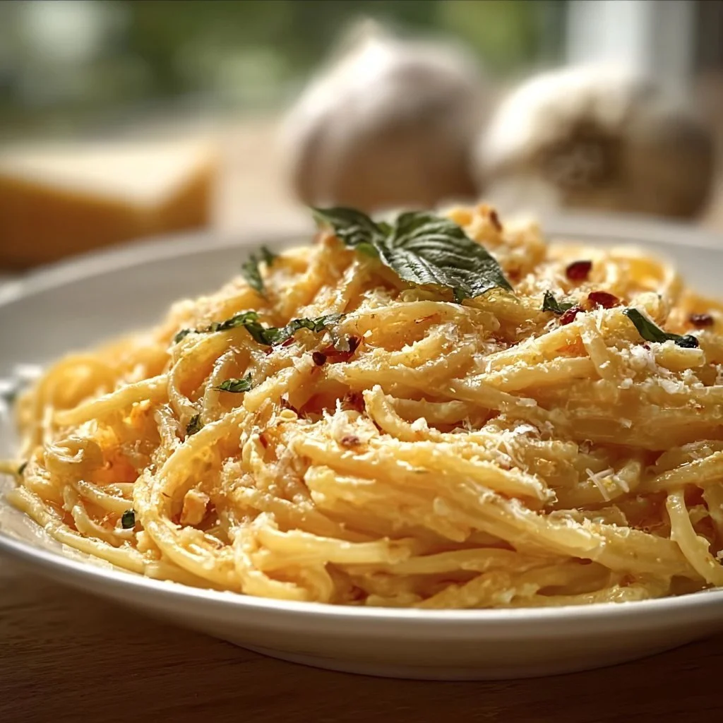 Schüssel mit Knoblauch-Parmesan-Nudeln, garniert mit frischen Kräutern.