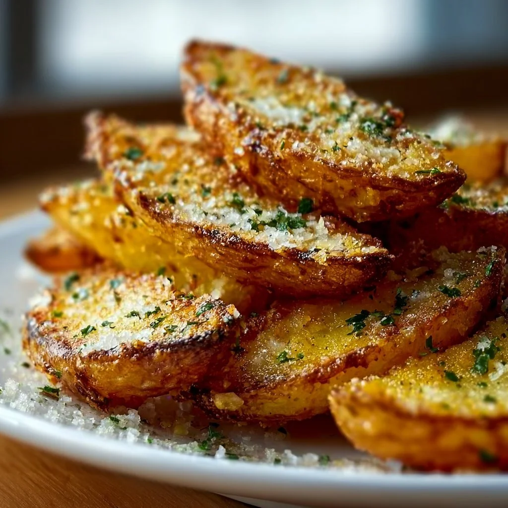 Knusprige Kartoffelspalten mit Knoblauch und Parmesan auf einem Teller