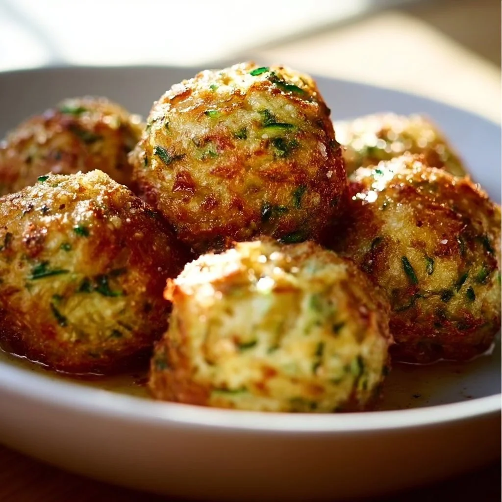 Knoblauch-Zucchini-Bällchen auf einem Teller, goldbraun und knusprig.