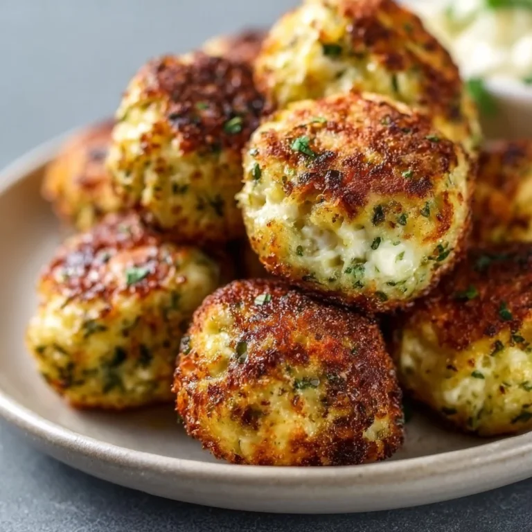 Knusprige Zucchini-Feta-Bällchen frisch aus dem Ofen auf einem Teller