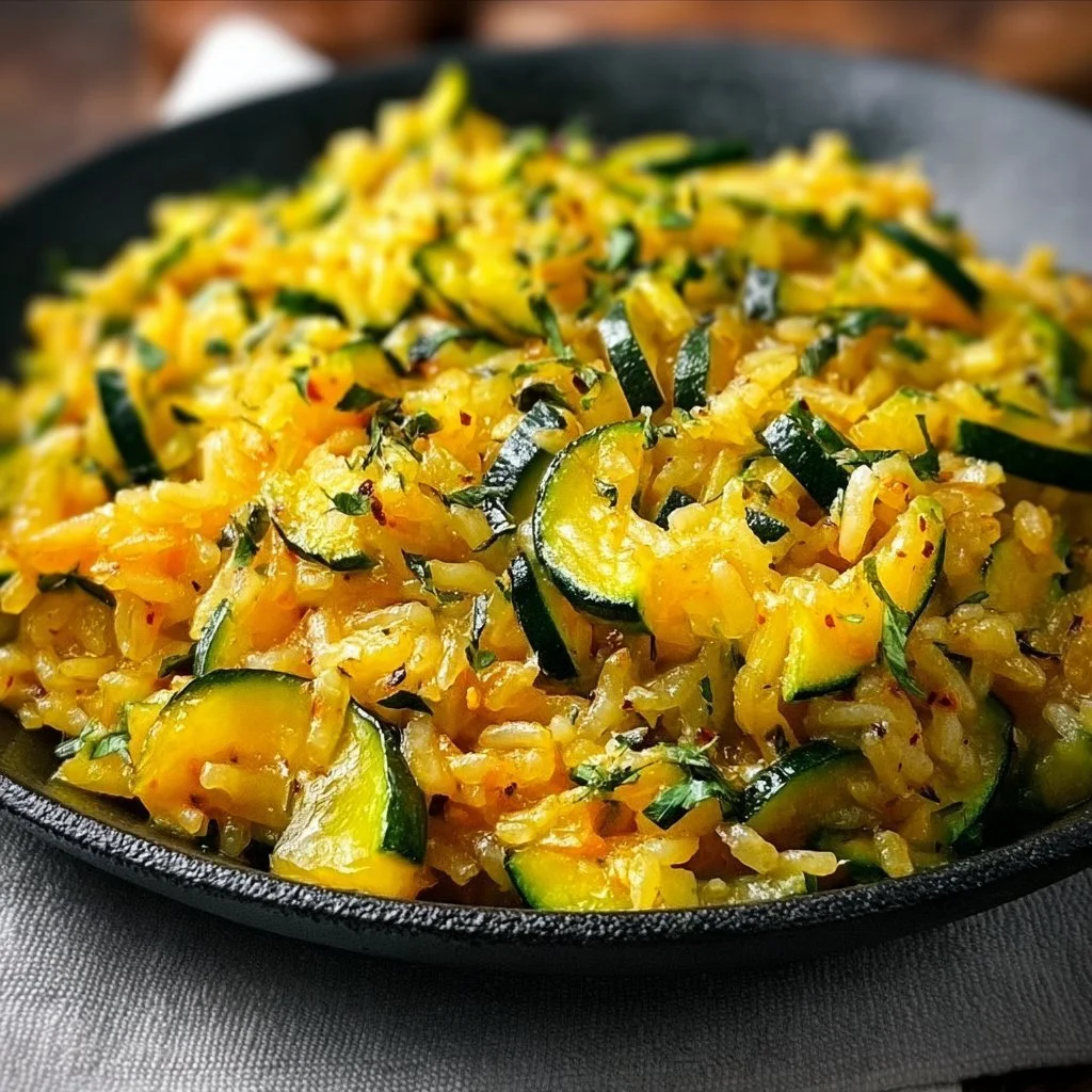 Köstliche Zucchini Reis Pfanne mit frischem Gemüse und Gewürzen