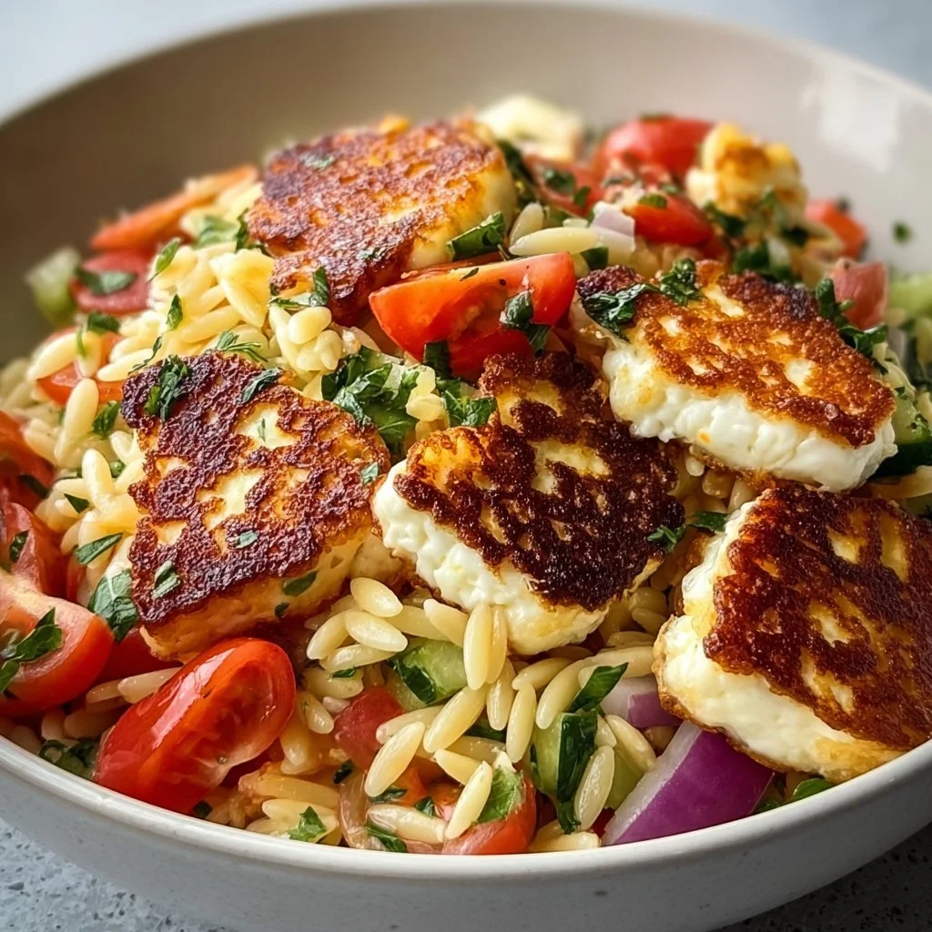Kritharaki-Salat mit Halloumi-Croutons im frischen Salatdressing