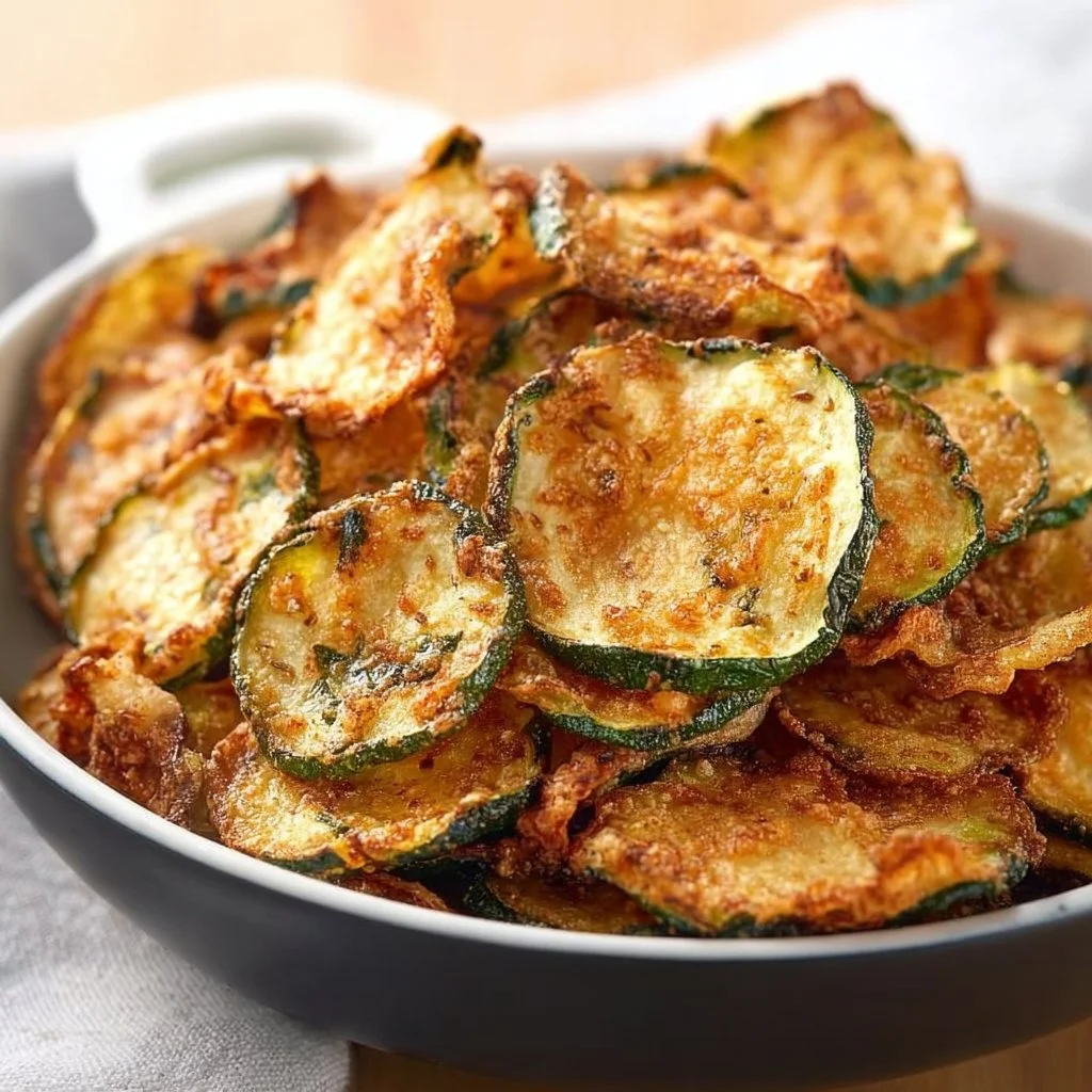 Krosse Zucchini-Chips frisch zubereitet auf einem Teller