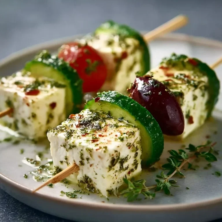 Leckere Feta-Spieße mit Gurke auf einem Tisch angerichtet