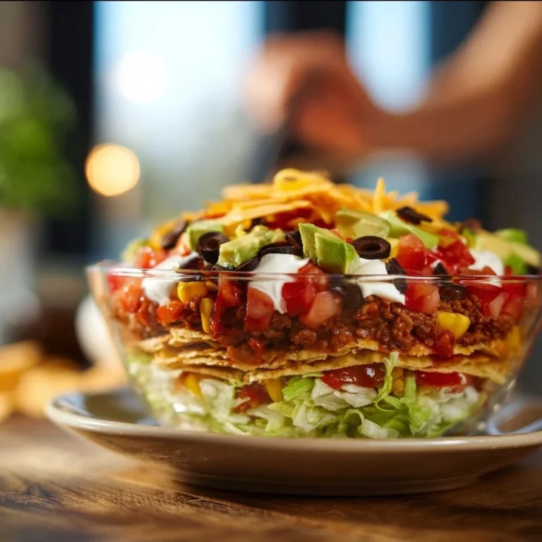 Mexikanischer Taco Schichtsalat mit frischen Zutaten und Schichten