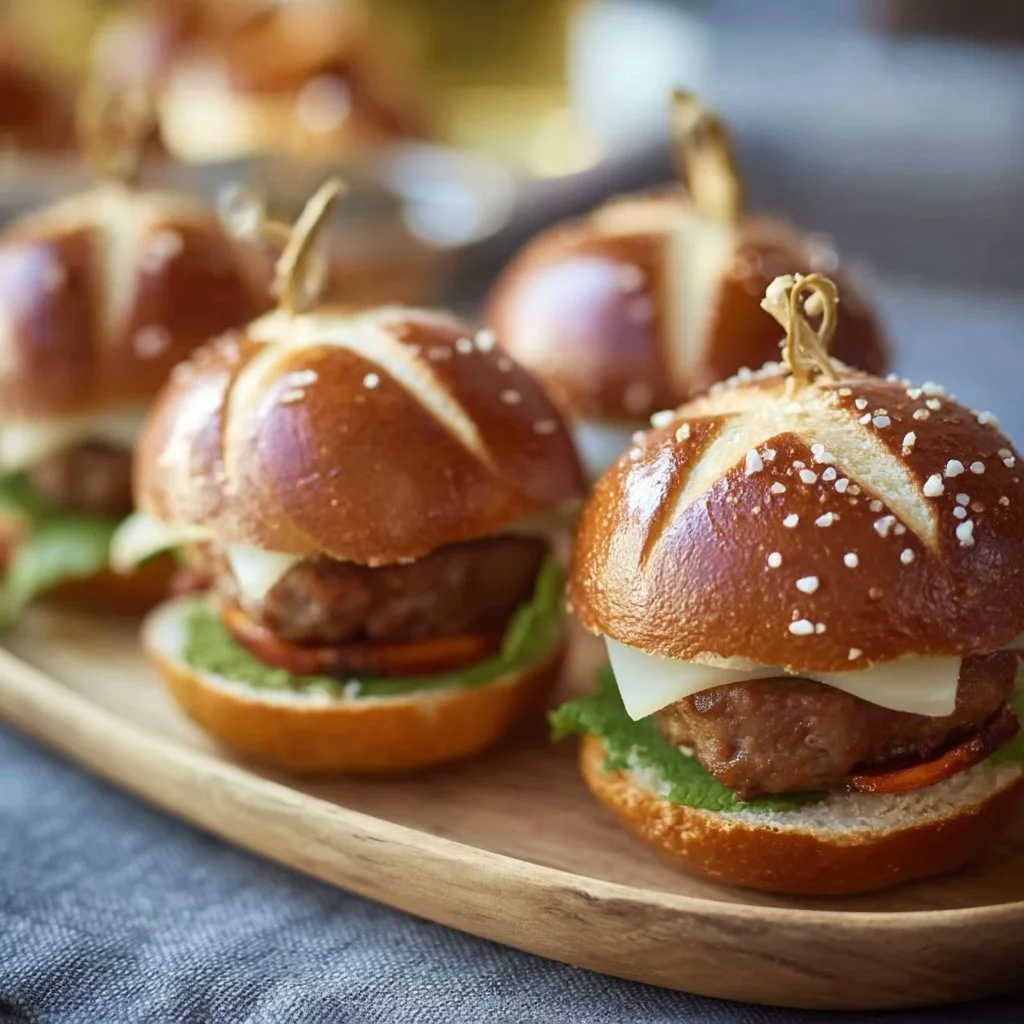 Mini Lye Burger mit Leberkäse auf einem Teller serviert