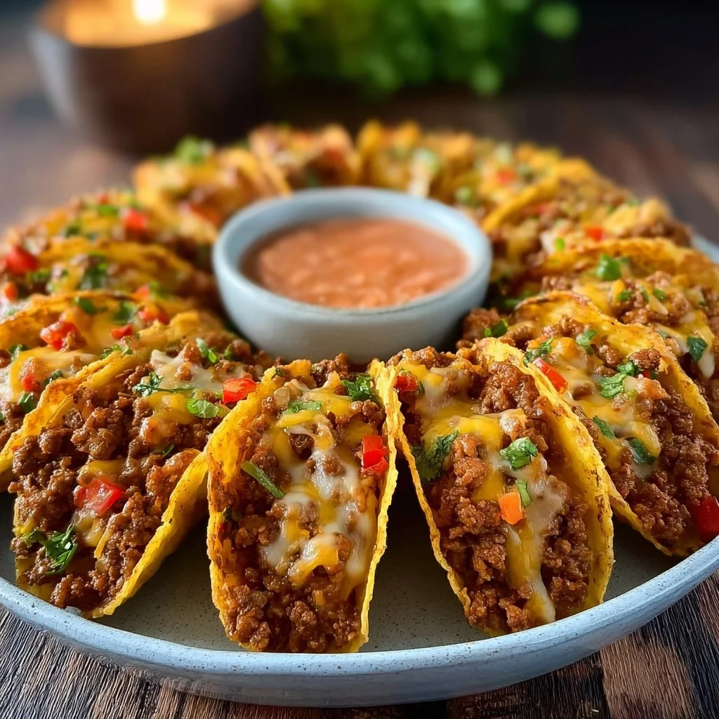 Mini-Tacos gefüllt mit scharfem Hackfleisch, ideal für Partys und Snacks