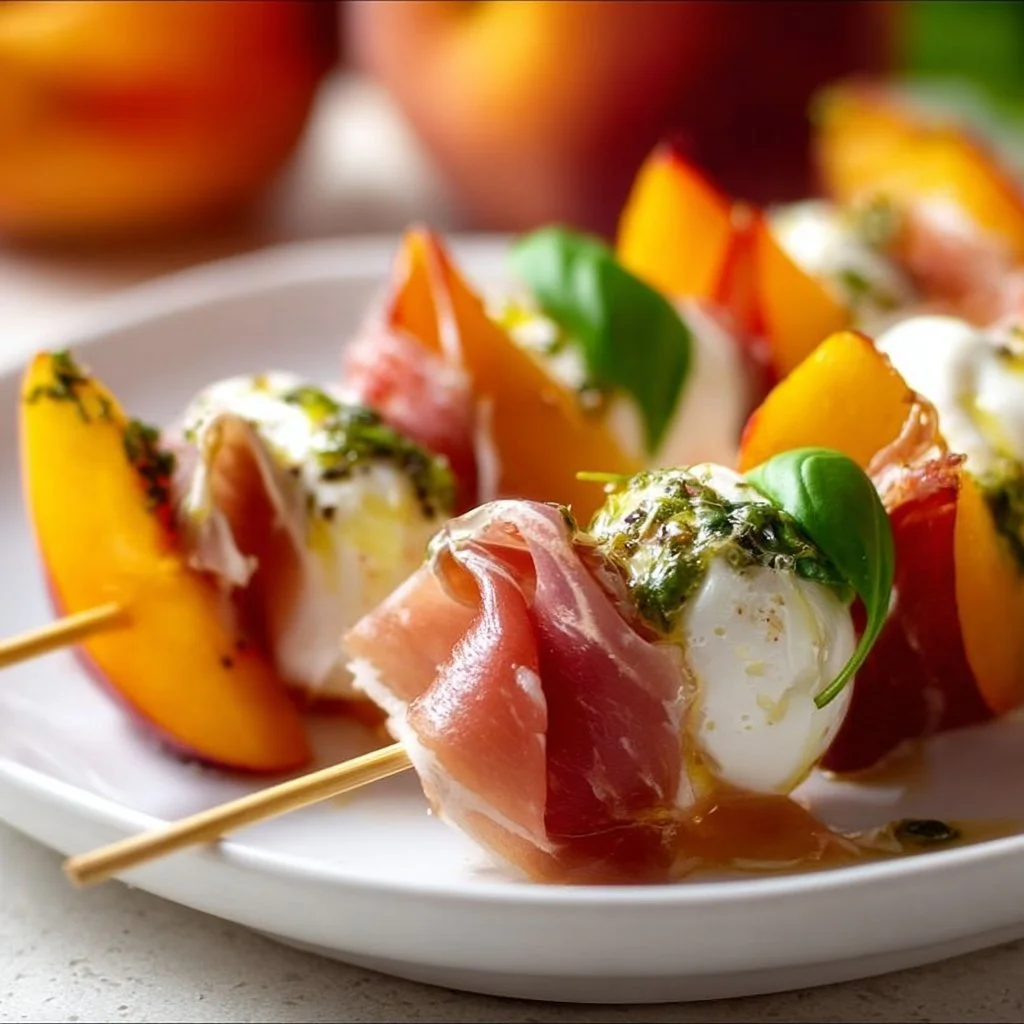 Mozzarella, Prosciutto und eingelegte Pfirsich-Spieße als Vorspeise