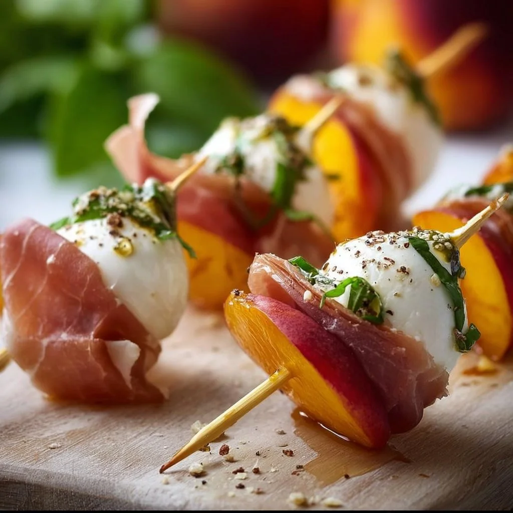 Mozzarella, Prosciutto und eingelegte Pfirsich-Spieße als Vorspeise