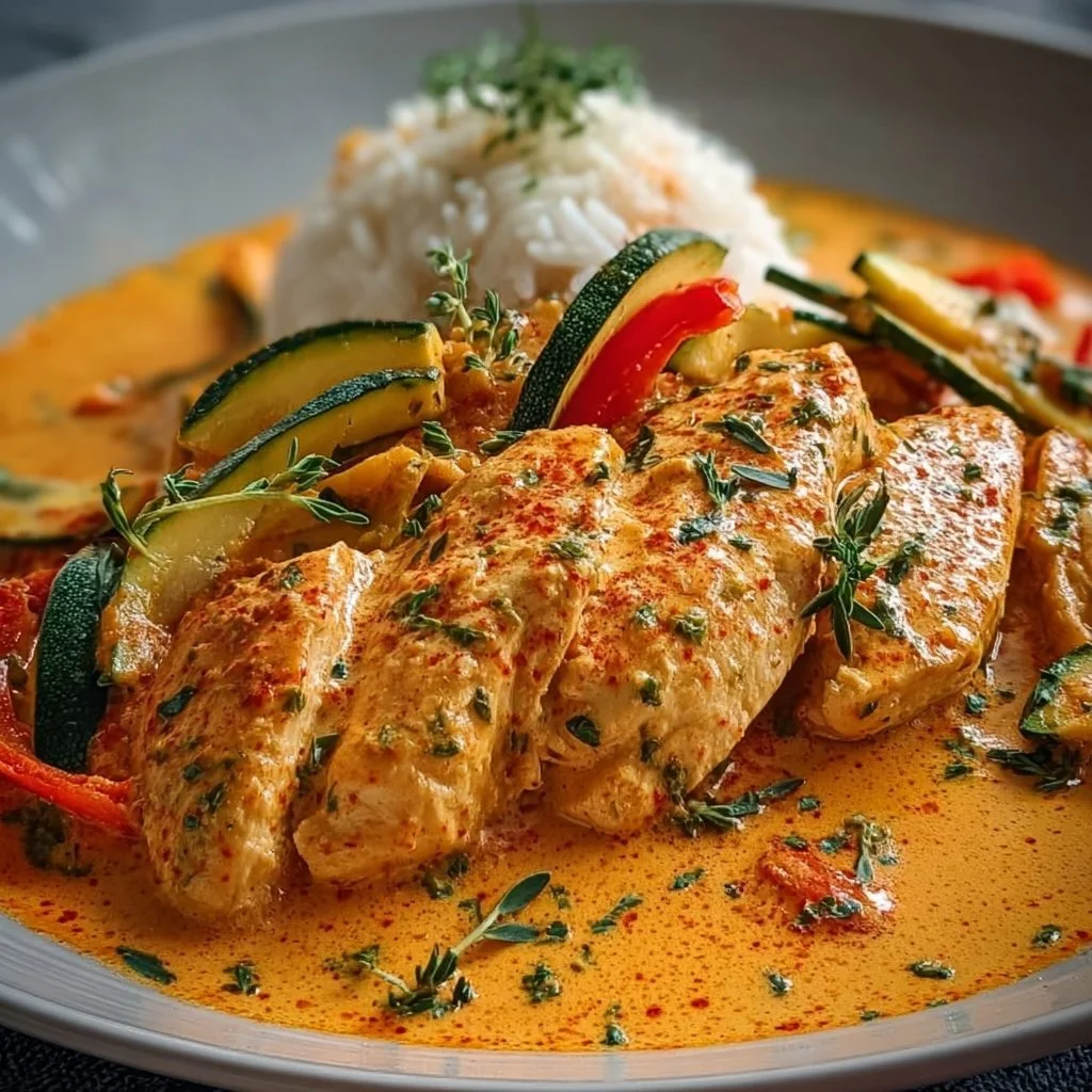 Paprika-Zucchini-Hähnchen in Sahnesoße auf einem Teller