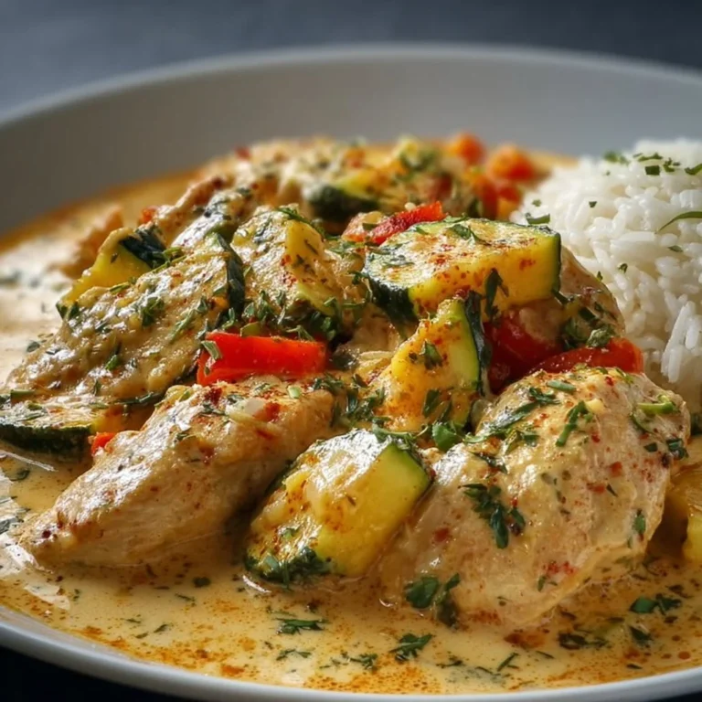 Paprika Zucchini Sahne Hähnchen auf einem Teller serviert