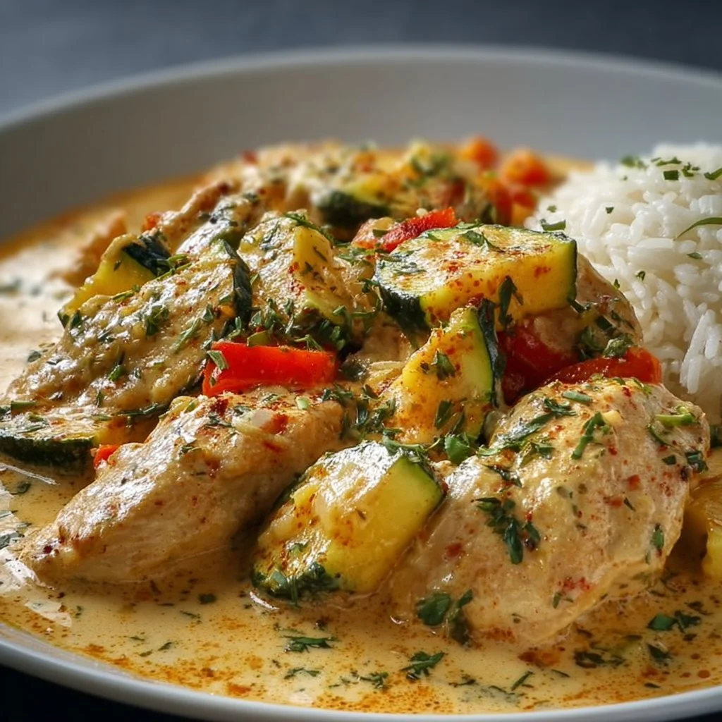 Paprika Zucchini Sahne Hähnchen auf einem Teller serviert