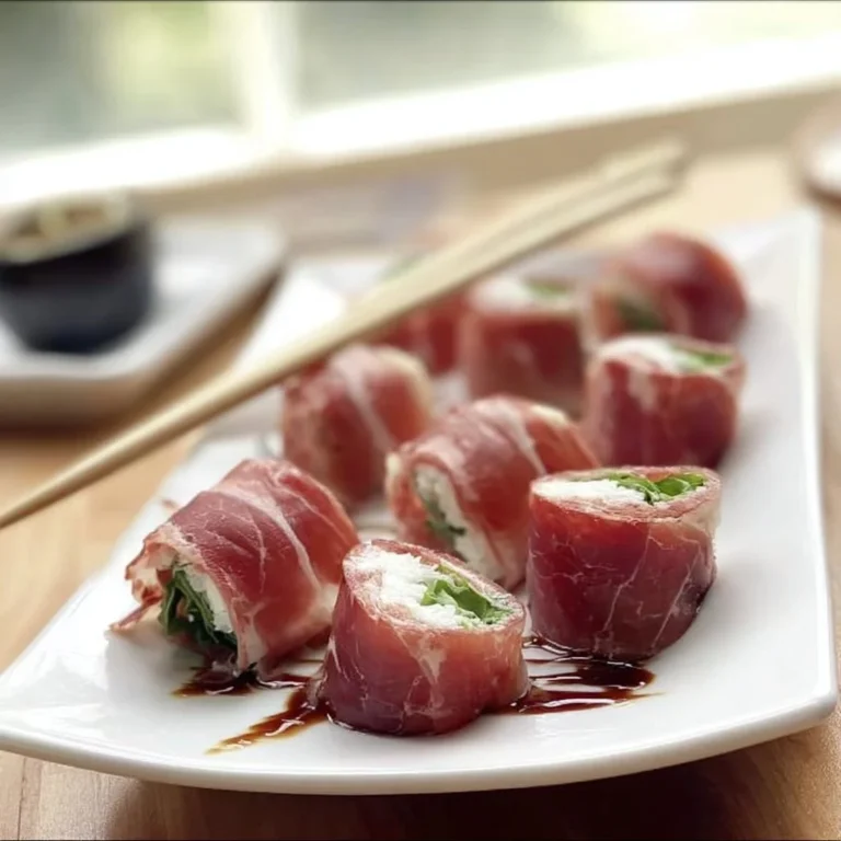 Prosciutto-Sushi auf einem Teller serviert mit frischem Gemüse und Sojasauce