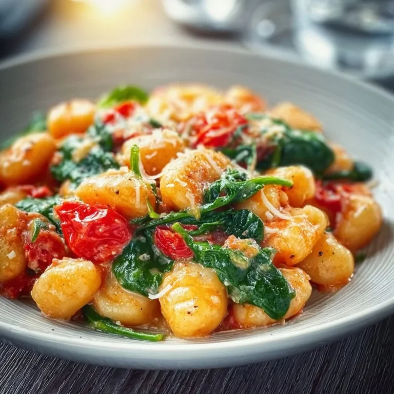 Schnelle Gnocchi-Pfanne mit Tomate und Spinat auf einem Teller serviert