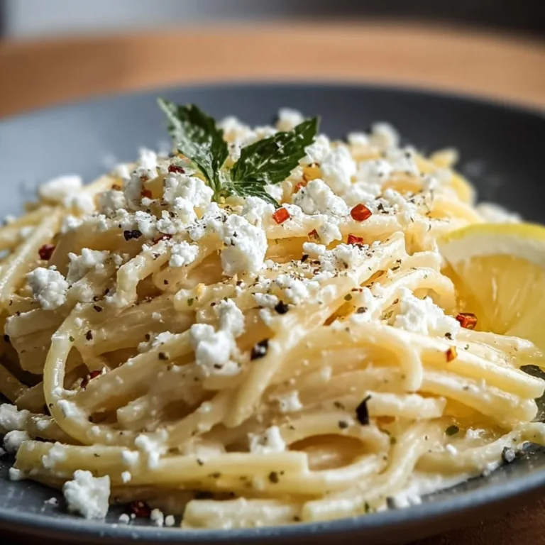 Spaghetti mit Feta und Zitrone auf einem Teller