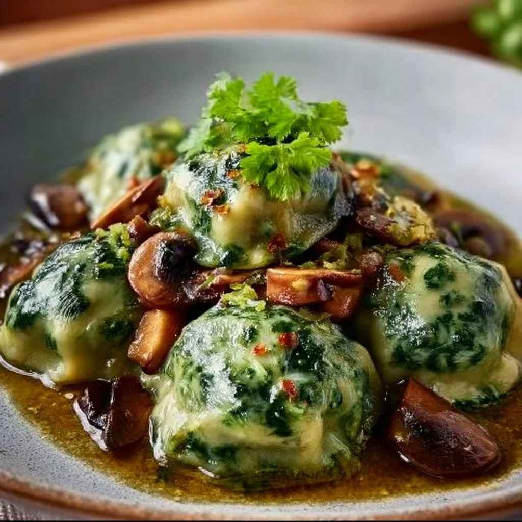 Spinatknödel angerichtet mit leckerem Pilzragout.
