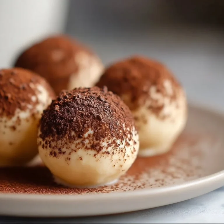 Tiramisu-Bällchen auf einem Teller mit Kakaopulver garniert.