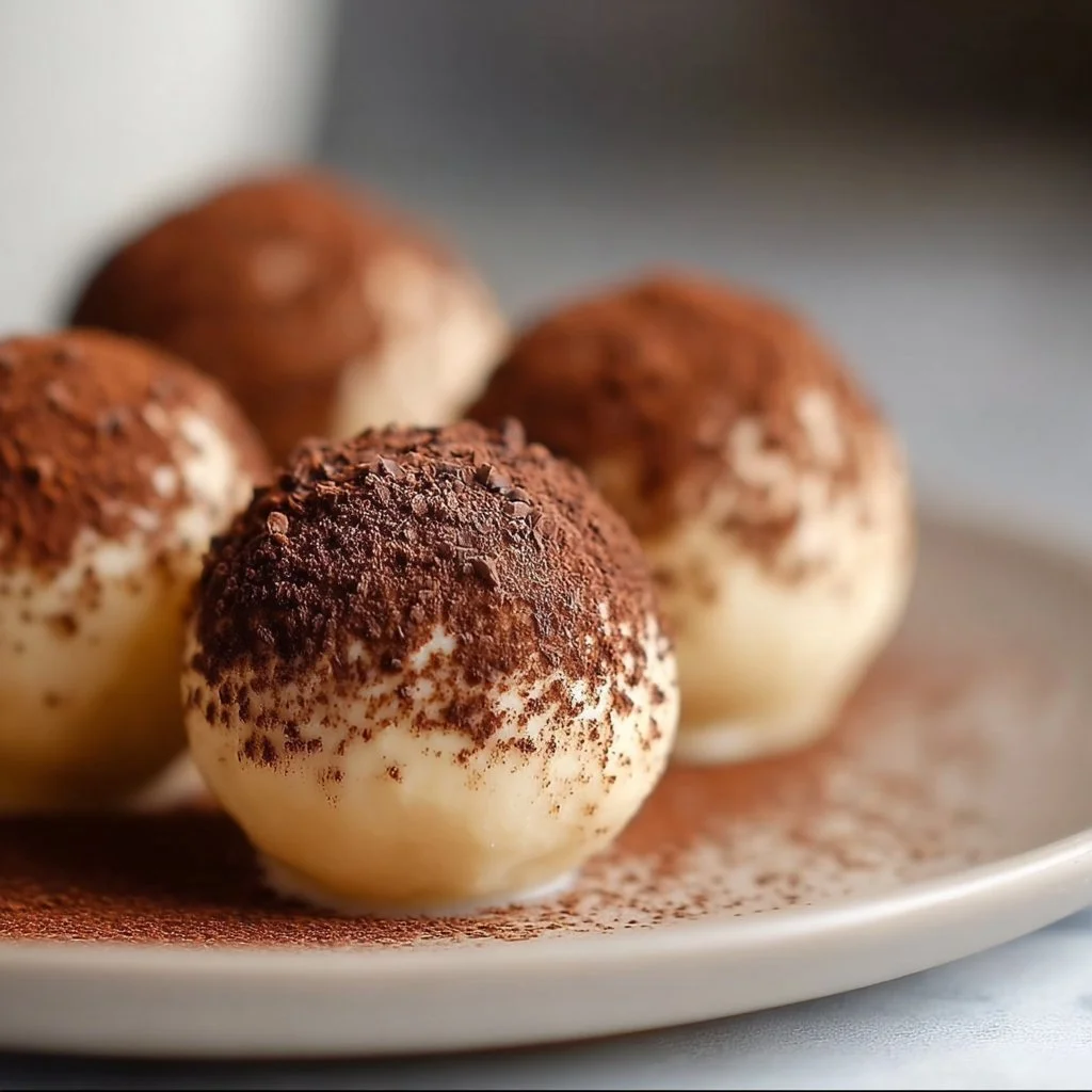 Tiramisu-Bällchen auf einem Teller mit Kakaopulver garniert.