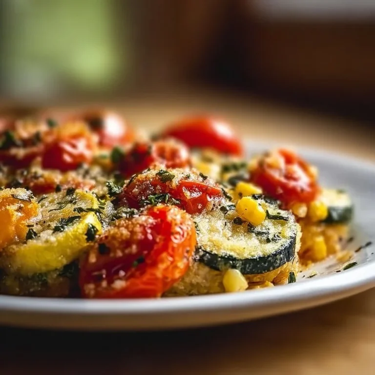 Käsige Zucchini-Mais-Tomaten-Auflaufform mit Parmesan-Kruste im Ofen gebacken