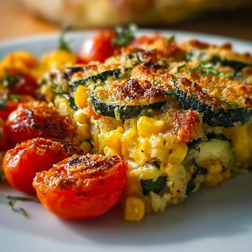 Unwiderstehlich Käsige Zucchini-Mais-Tomaten-Auflaufform mit Parmesan-Kruste