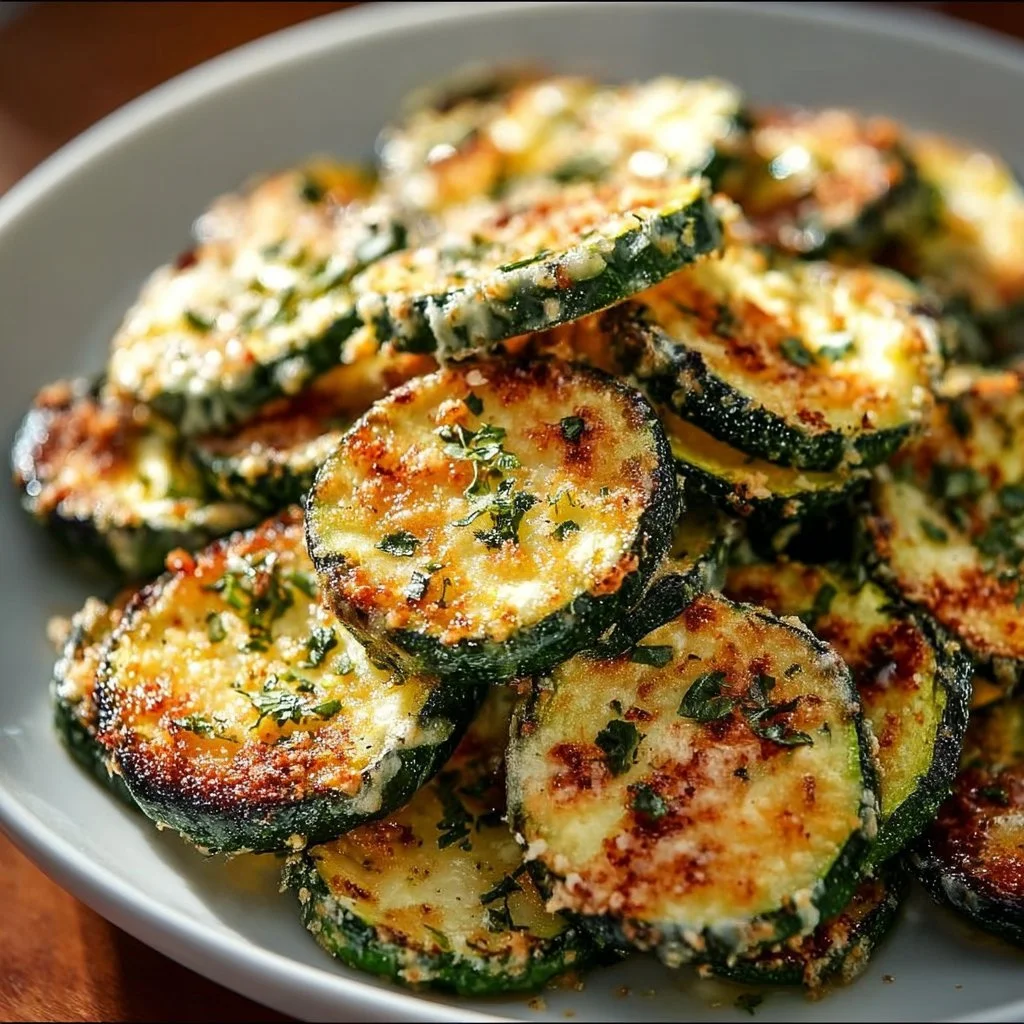 Geröstete Knoblauch-Parmesan Zucchini auf einem Teller, knusprig und lecker