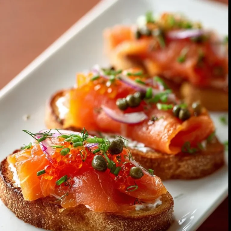 Köstliche Räucherlachs-Bruschetta mit frischen Zutaten auf einem Holzbrett