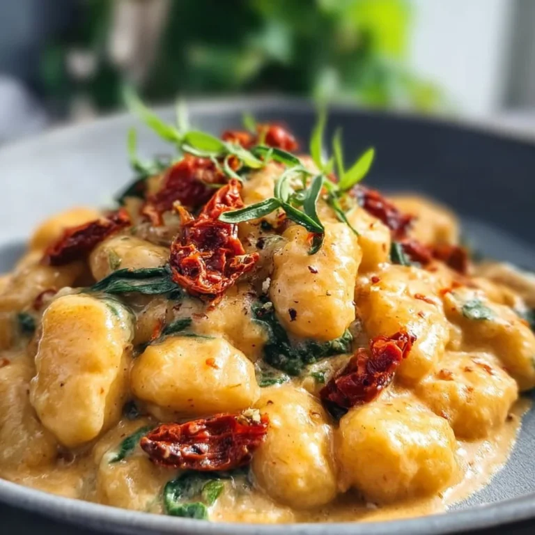 Vegane Gnocchi mit cremiger, sonnengetrockneter Tomatensauce auf einem Teller