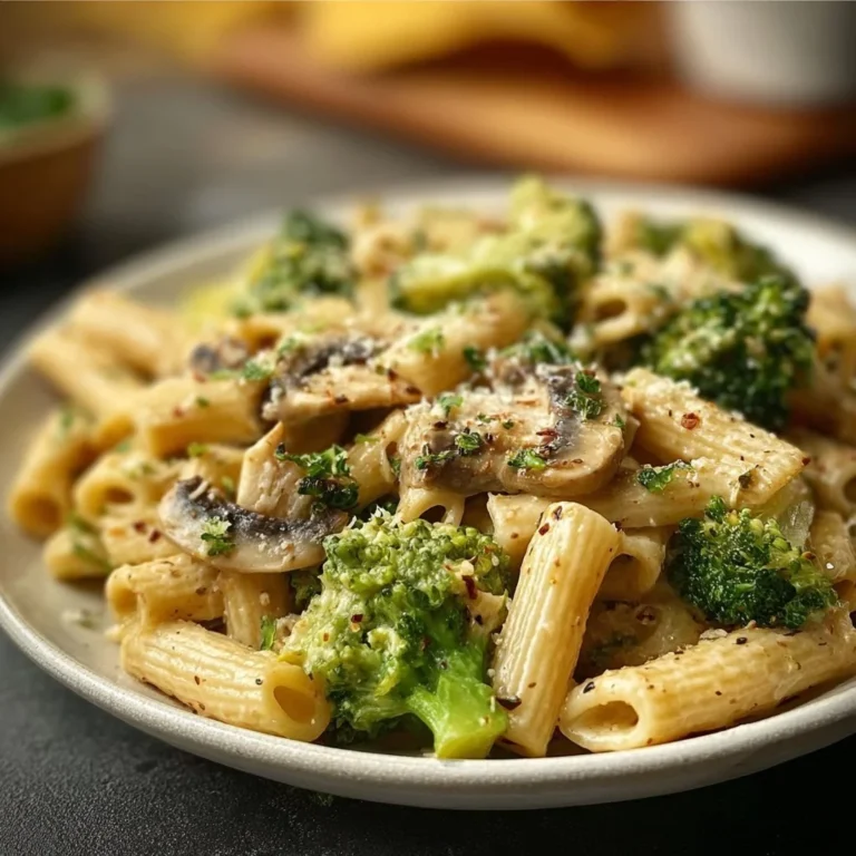 Vegane Pilz-Brokkoli-Pasta für 4 Personen auf einem Teller angerichtet