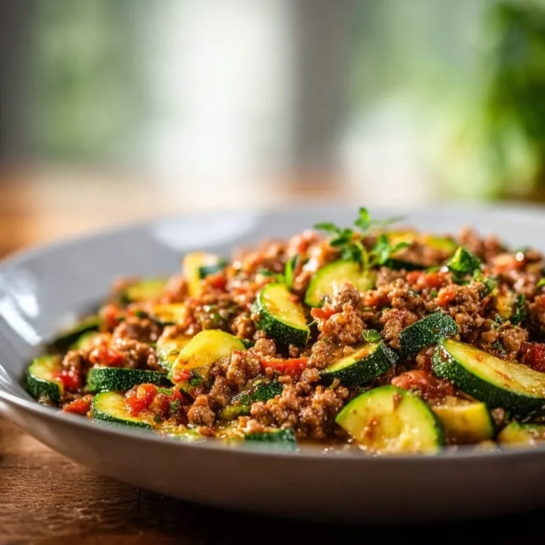 Leckere Zucchini-Hack-Pfanne mit frischem Gemüse und Hackfleisch zubereitet.