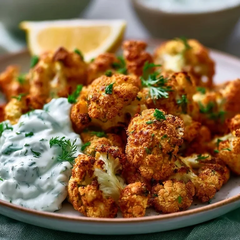 Blumenkohl im Airfryer mit Kräuterquark serviert auf einem Teller