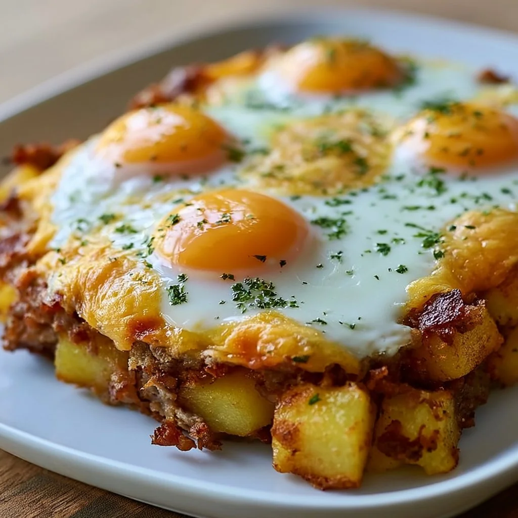 Bratkartoffel Leberkäse Auflauf mit Spiegelei