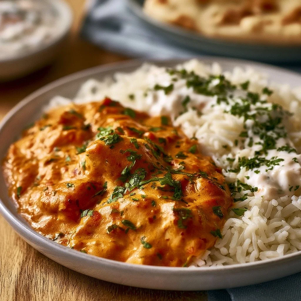 Hausgemachtes Butter Chicken auf einem Teller serviert