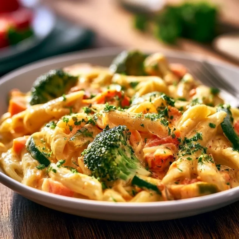 Cremige Pasta in einer bunten Gemüsesauce serviert.