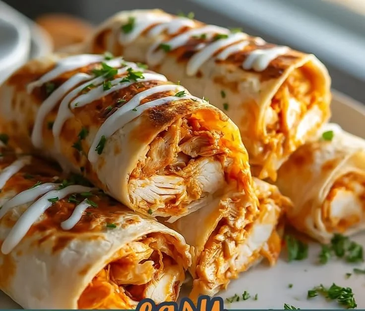 Crispy Air Fryer Hot Chicken und Käse Wraps auf einem Teller serviert
