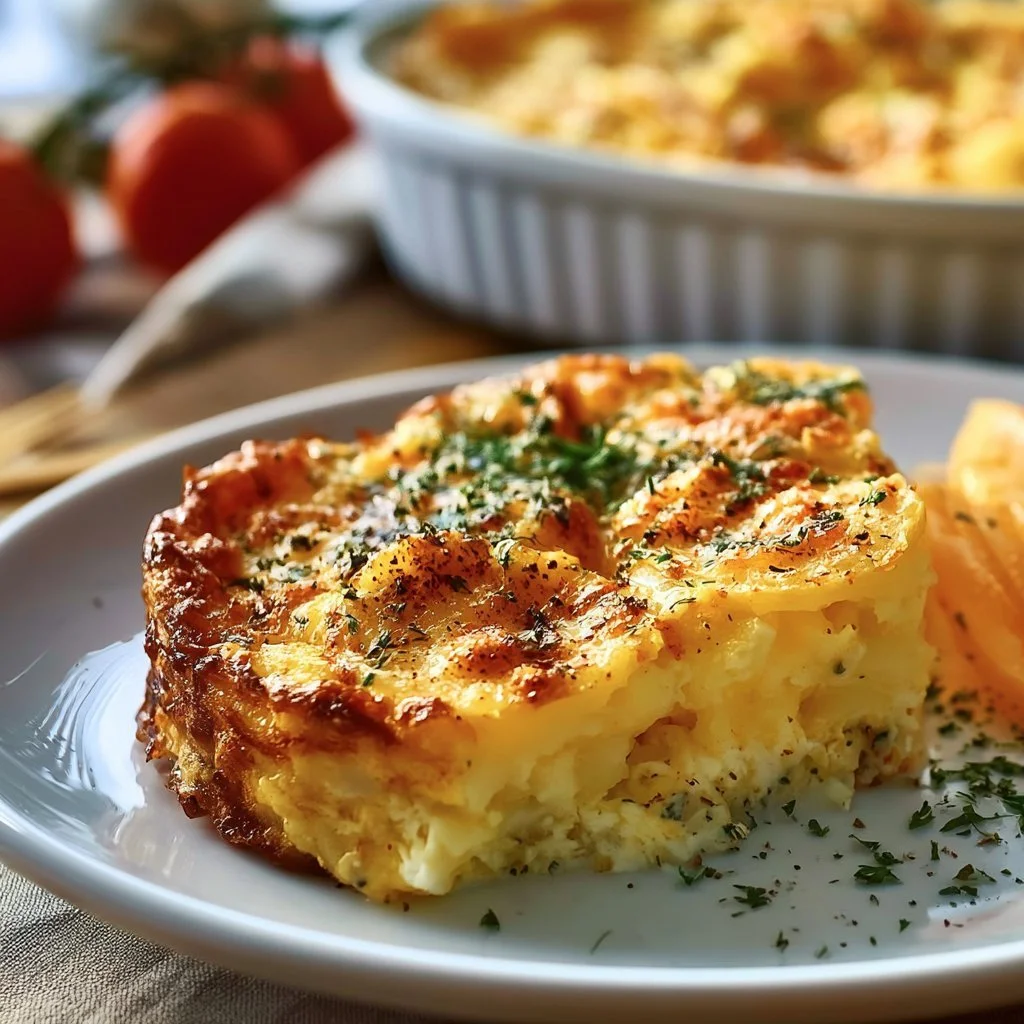 Eier Kartoffel Auflauf mit frischen Zutaten und Käse überbacken