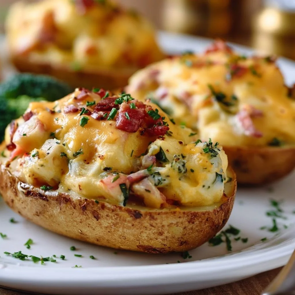 Gefüllte Ofenkartoffeln mit cremigem Gemüse und veganem Käse