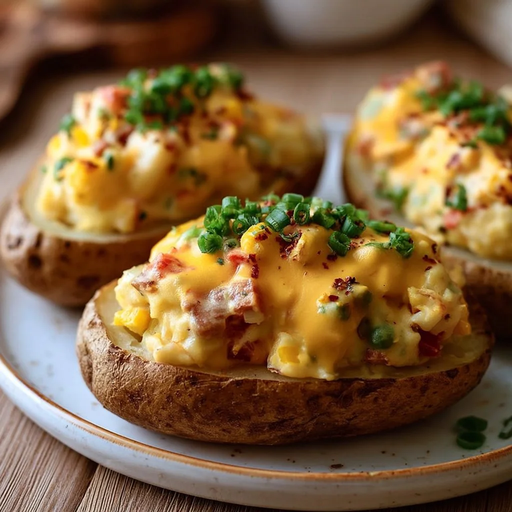 Gefüllte Ofenkartoffeln mit cremigem Gemüse und veganem Käse