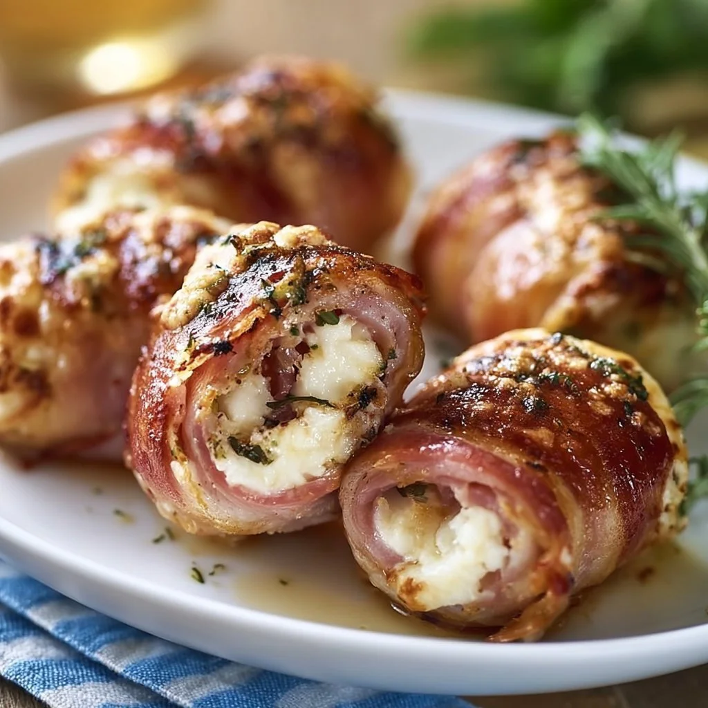 Gegrillte Feta-Schinkenröllchen auf einem Teller, garniert mit frischen Kräutern.