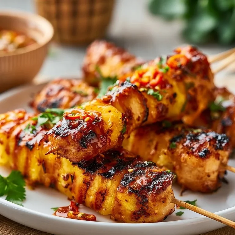 Gegrillte Hähnchen-Ananas-Spieße auf dem Grill serviert
