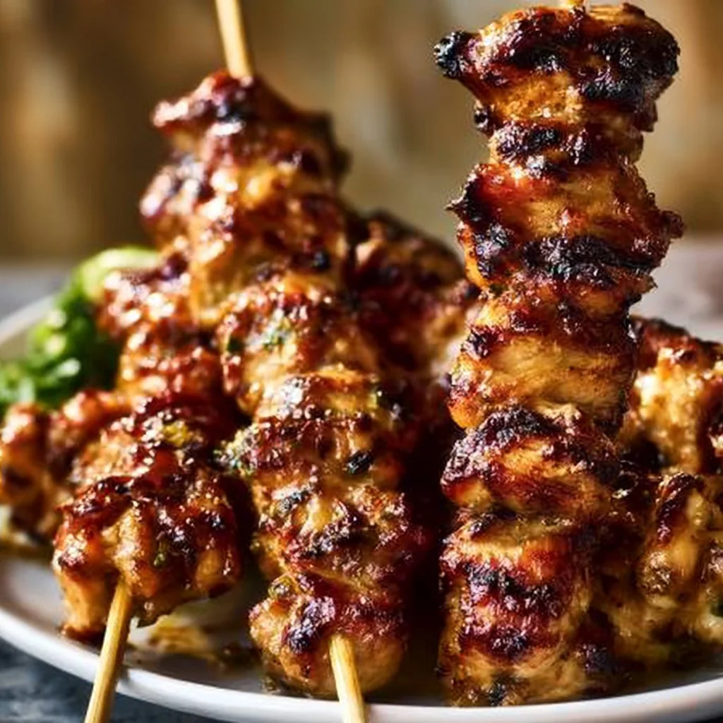 Gegrillte thailändische Kokosnuss-Hühnchenspieße auf einem Grill