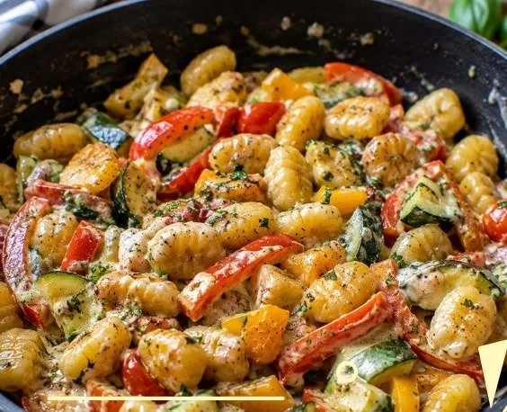 Gnocchi-Pfanne mit Gemüse und Frischkäse auf einem Teller
