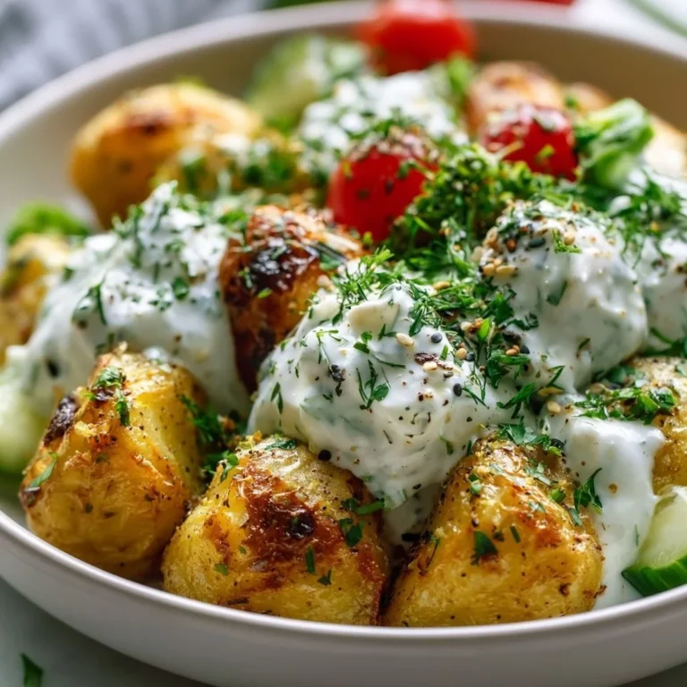 Griechische Kartoffel Bowl mit frisch zubereitetem Tzatziki und aromatischen Zutaten
