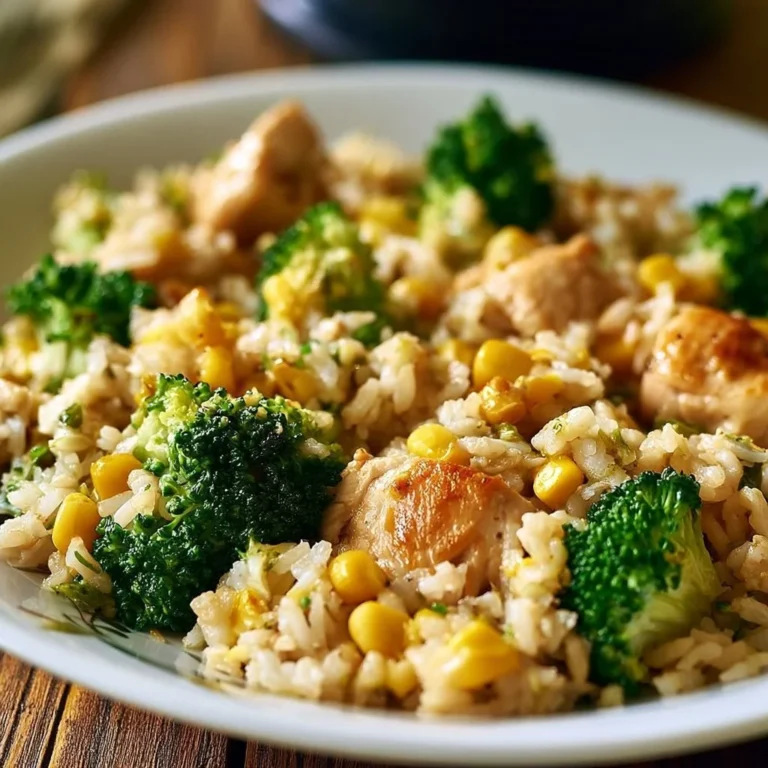 Hähnchen-Reis-Pfanne mit Brokkoli und Mais auf einem Teller