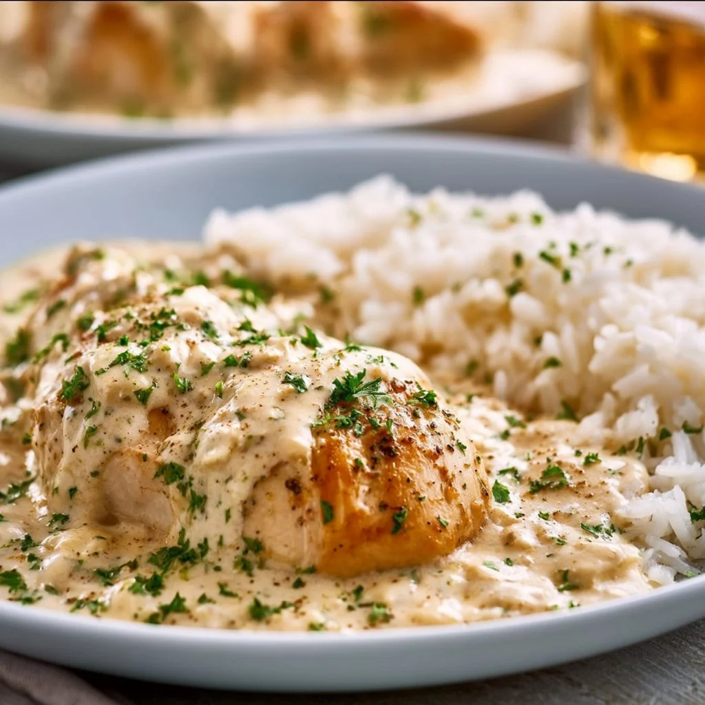 H&auml;hnchenbrust in Sahnesauce mit Reis