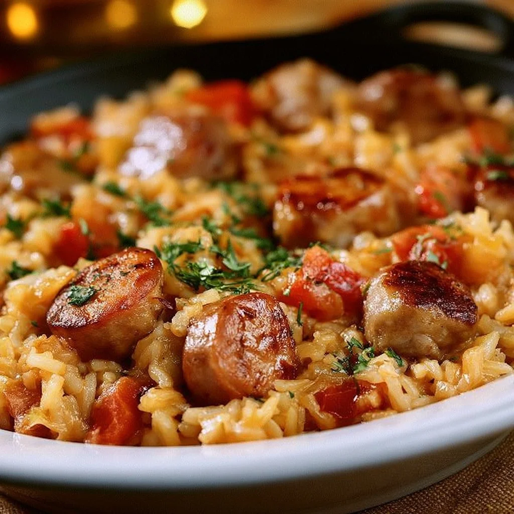 Herzhafte Wurst-Reis-Pfanne mit würziger Wurst und buntem Gemüse