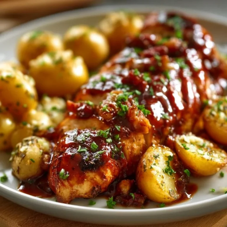 Honig-BBQ-Hähnchen serviert mit Knoblauch-Parmesan-Kartoffeln auf einem Teller.