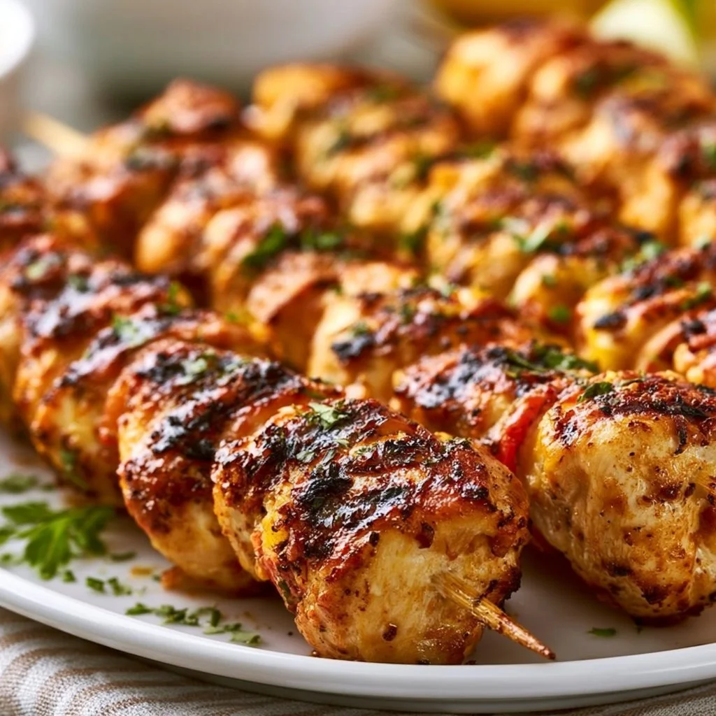 Saftige Hähnchenspieße auf dem Grill, perfekt für BBQ und Grillpartys.