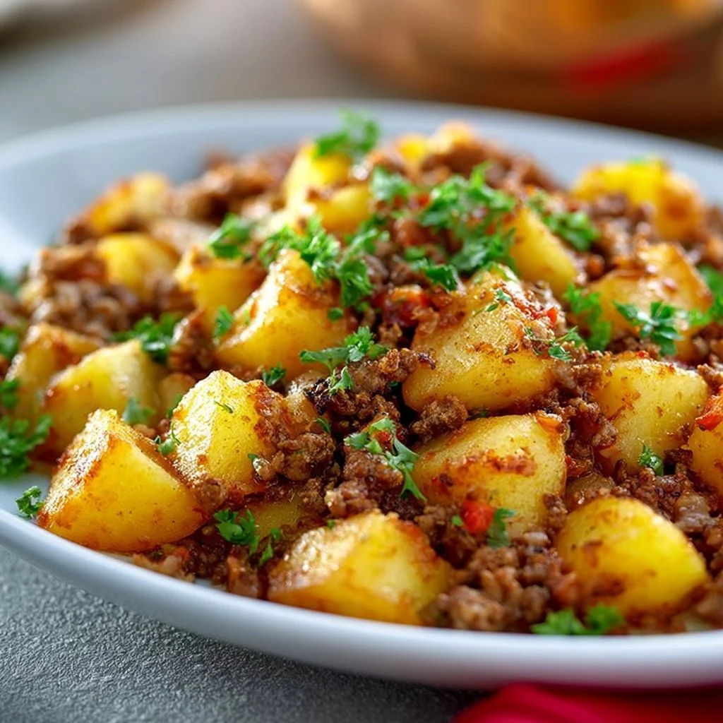 Leckere Kartoffel-Hackfleisch-Pfanne serviert in einer Pfanne
