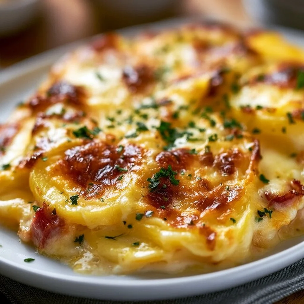 Köstliches Kartoffel-Schinken-Gratin mit Käse überbacken